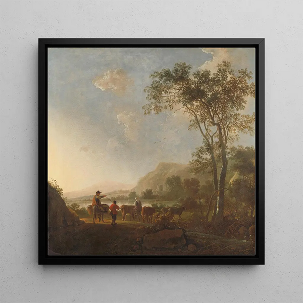Landscape painting with shepherds and livestock - Aelbert Cuyp — framed artwork on a wall