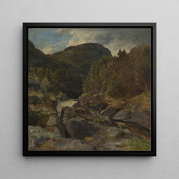 Landscape painting with waterfall - Hans Gude — framed artwork on a wall