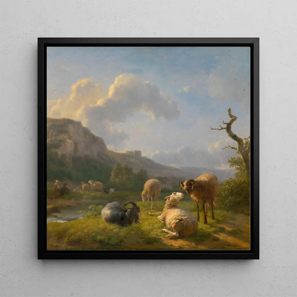 Landscape with goats and sheep - Balthasar Paul Ommeganck — framed artwork on a wall