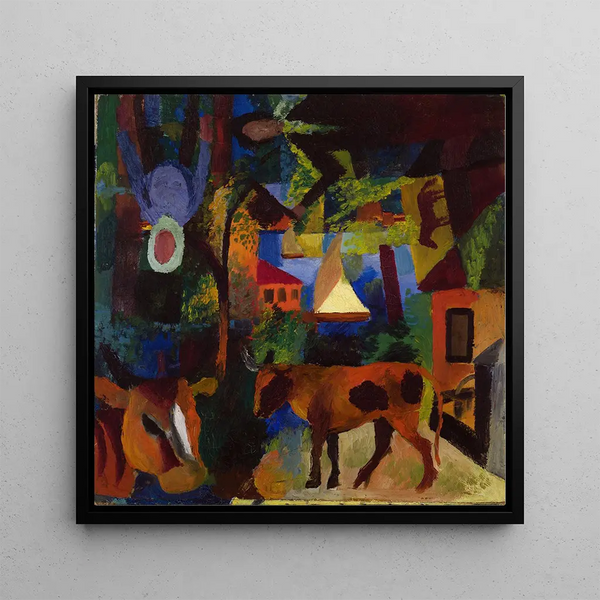 Landscape painting with cows, a sailing boat, and figures - August Macke — wall display of the artwork
