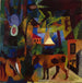 Landscape painting with cows, a sailing boat, and figures - August Macke — displayed in an interior