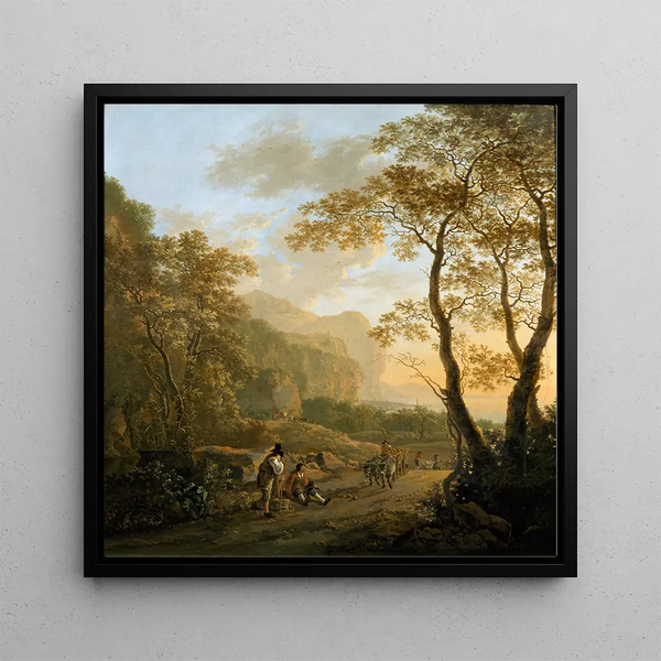 Landscape painting with travelers resting and a ox cart - Jan Both — framed artwork on a wall