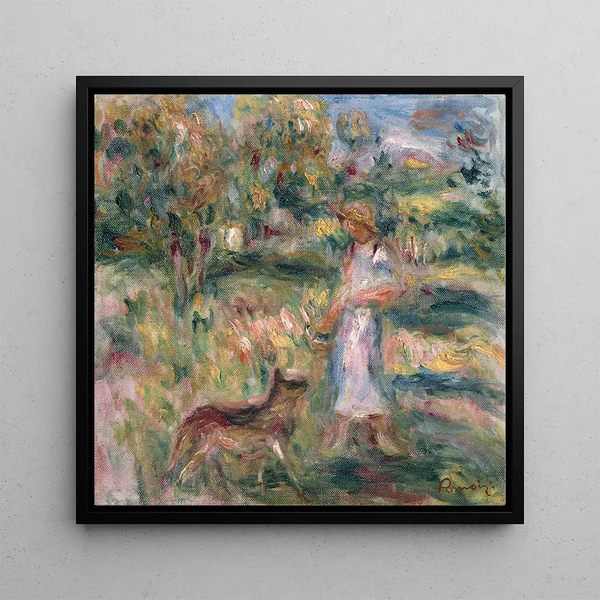 Landscape with Woman in Blue and Zaza at Cagnes - Pierre-Auguste Renoir — framed artwork on a wall