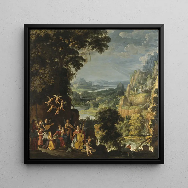 Landscape Painting with the Flight into Egypt - David Teniers the Elder — framed artwork on a wall