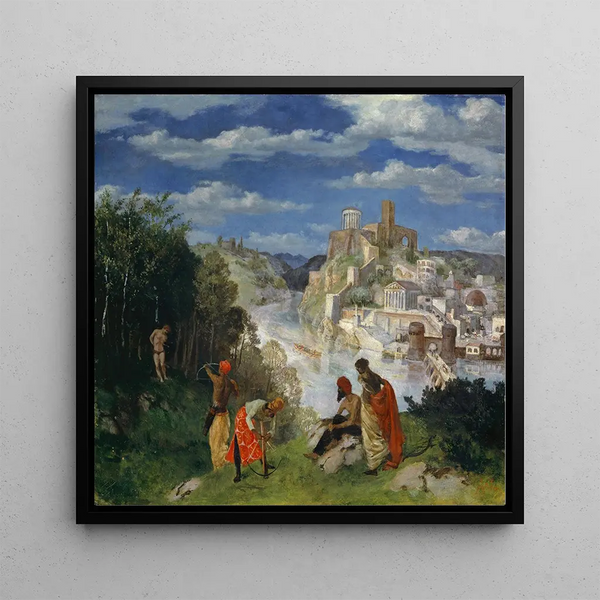 Landscape Painting with the Martyrdom of Saint Sebastian - Albert Welti — framed artwork on a wall