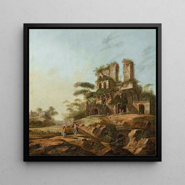 Landscape Painting with the Ruins of Aqua Julia in Rome - Jean-Baptiste Pillement — framed artwork on a wall