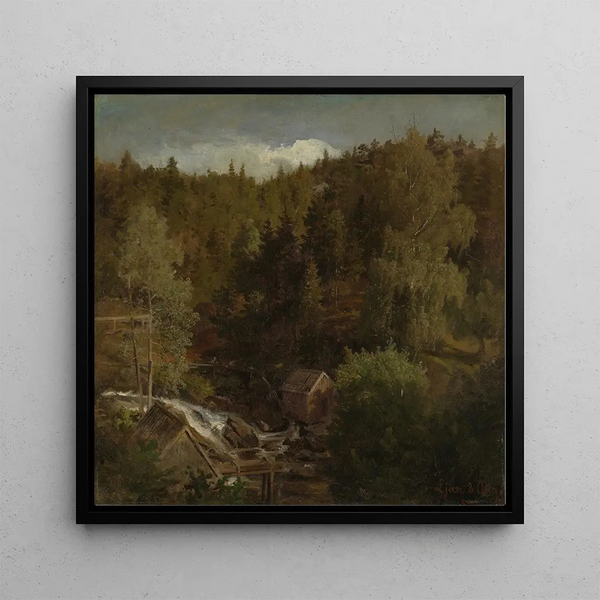 Landscape with a Mill - Hans Gude — framed artwork on a wall