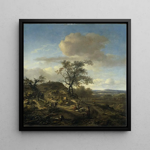 Landscape with a Hunter and Other Figures - Jan Wijnants — framed artwork on a wall