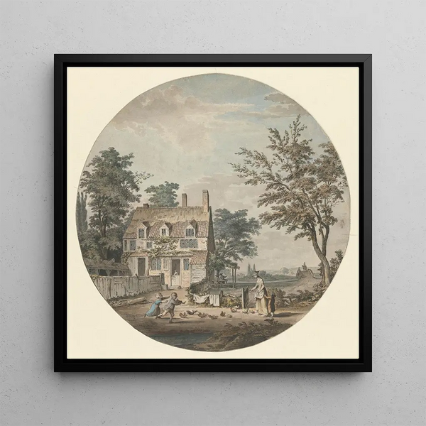 Landscape painting with a cottage, a bridge, and figures - Samuel Hieronymus Grimm — framed artwork on a wall