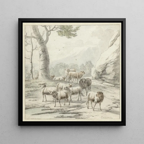 Landscape with a flock of sheep near a tree - Jan van der Meer the Younger — framed artwork on a wall