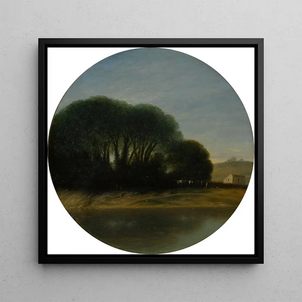 Landscape painting with a farm and trees by a riverbank - Goffredo Wals — wall display of the artwork