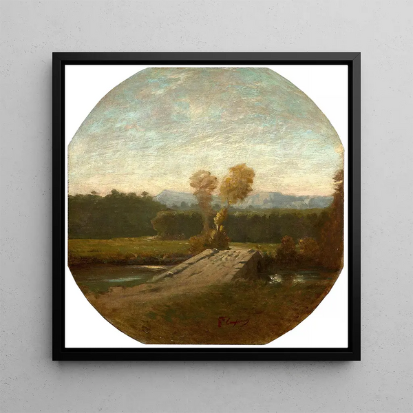 Landscape painting with wooded scenery, bridge, and watercourse - Jean-Baptiste Carpeaux — wall display of the artwork