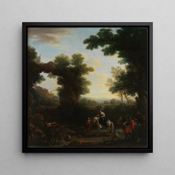 Classic landscape painting with gypsies - John Wootton — framed artwork on a wall