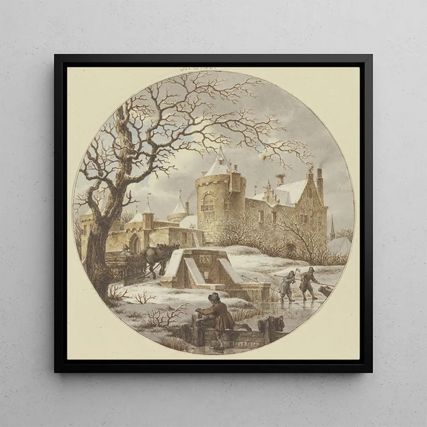 Winter landscape painting in front of the city wall on the bridge with a wooden sled - Jacob Cats — wall display of the artwork