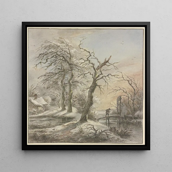 Winter Landscape Painting, a traveler crossing a stream on a bridge - Jan Hulswit — framed artwork on a wall