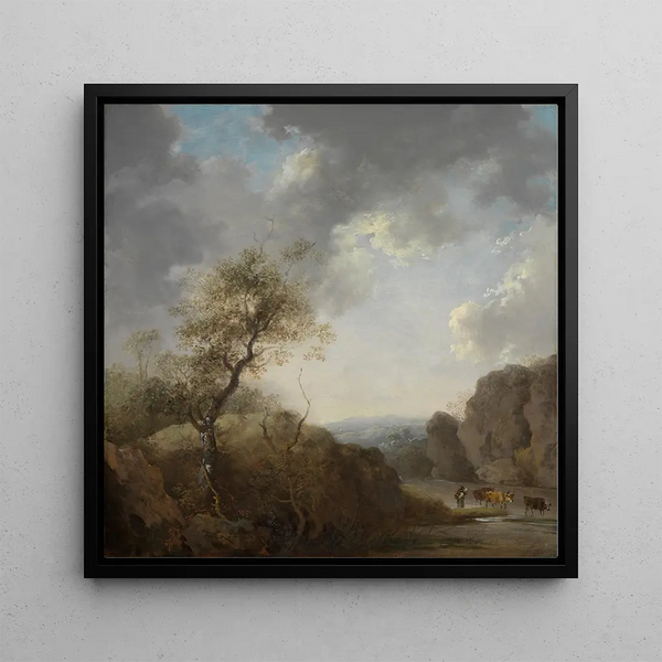 Mountain landscape with stream and flock - Johann Christian Brand — framed artwork on a wall