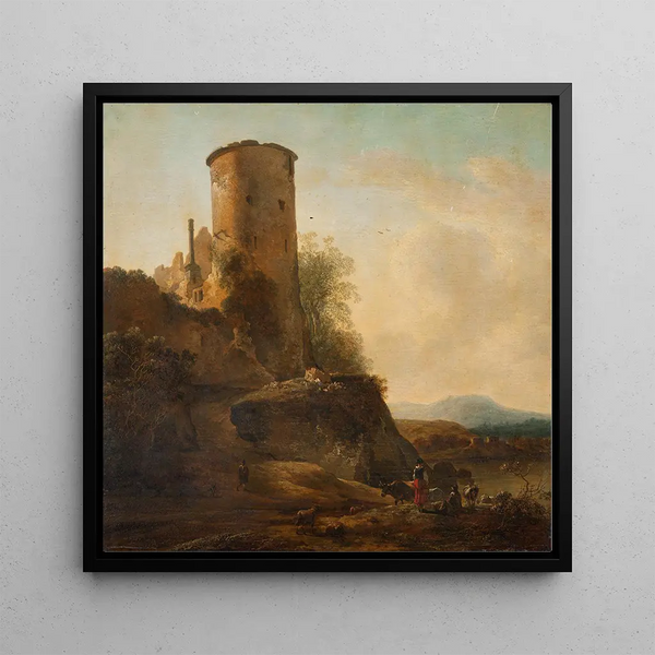 Mountain landscape painting of Italy with castle ruins, animals, and figures - Adam Pynacker — framed artwork on a wall