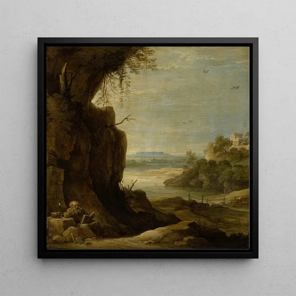 Landscape painting of the south with Saint Anthony the Hermit - David Teniers the Younger — framed artwork on a wall