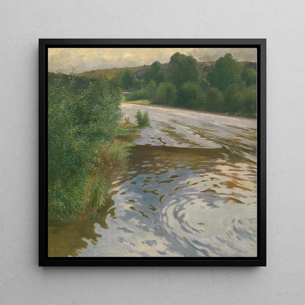 River landscape painting - Adolf Kaufmann — framed artwork on a wall