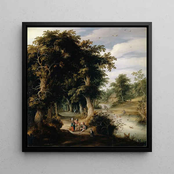 River landscape painting with oak forest - Alexander Keirincx — framed artwork on a wall