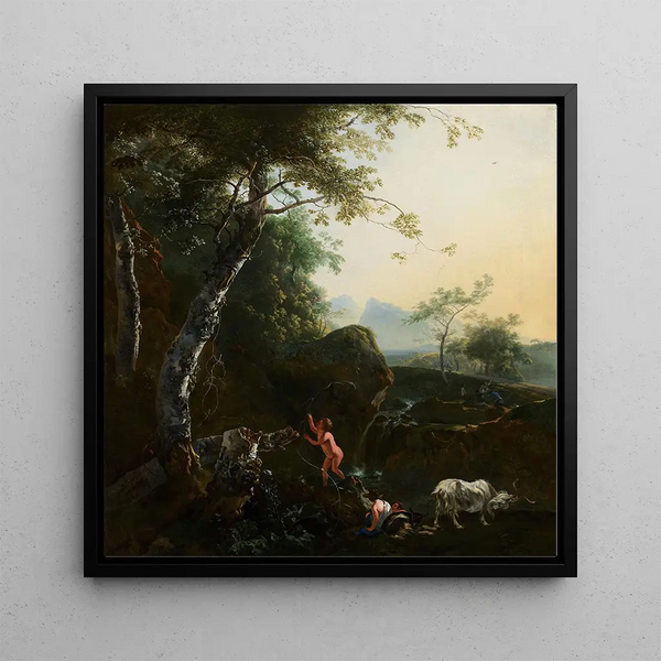 Mountain landscape painting with waterfall - Adam Pynacker — framed artwork on a wall