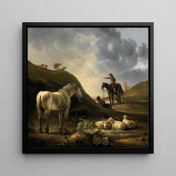 Dutch landscape painting with a gray horse - Aelbert Cuyp — framed artwork on a wall