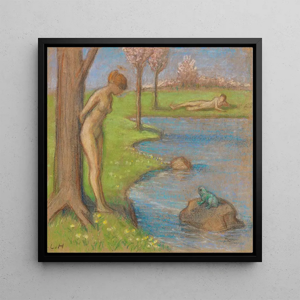 Spring landscape painting with a couple by the pond of frogs - Ludwig von Hofmann — framed artwork on a wall