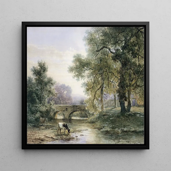 Landscape rich in trees with a stone bridge over a river - Willem Roelofs — wall display of the artwork