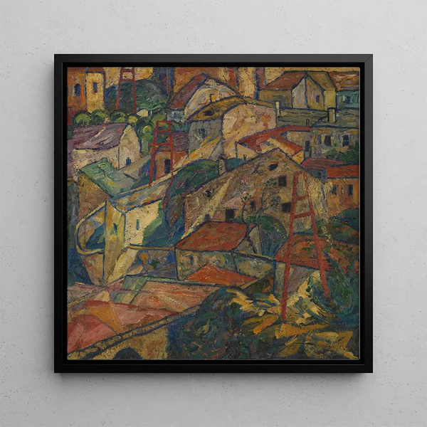 Urban landscape painting by Krumauer - Anton Emanuel Peschka — framed artwork on a wall