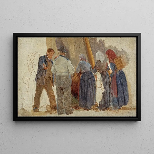 Morning in Hornbæk painting, men and women bargaining - Peder Severin Krøyer — framed artwork on a wall