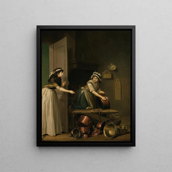 a woman renovating copper pots - Pehr Hilleström — framed artwork on a wall