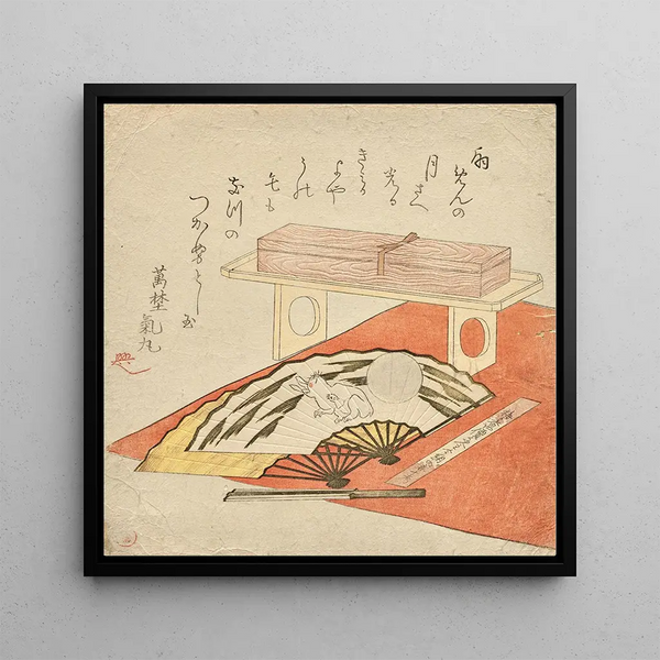Rabbit and Moon Fan Painting on a Red Felt Cover - Kubo Shunman — framed artwork on a wall