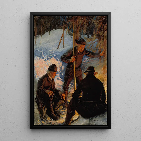 Lumberjacks around a campfire - Pekka Halonen — framed artwork on a wall