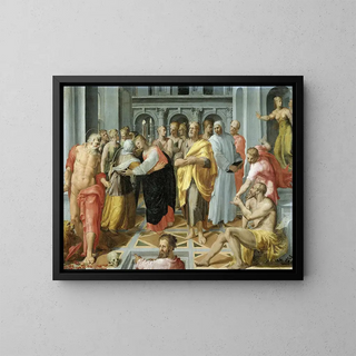the Visitation of Mary and Elizabeth in the presence of Saints Joseph and Jerome - Pellegrino Tibaldi — framed artwork on a wall