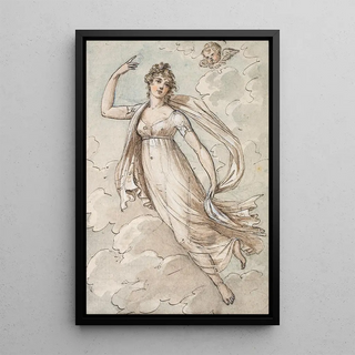 Peltro William Tomkins - Woman floating in the sky observed by a cherub.webp