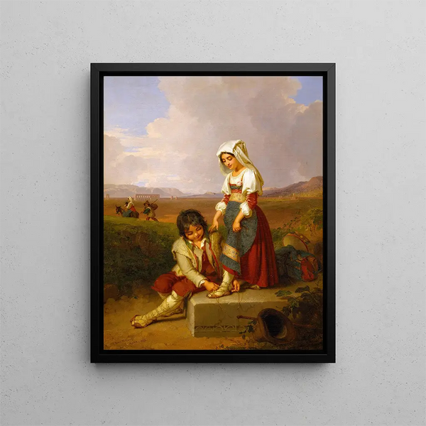 a shepherd and a girl in the Roman countryside with Aqua Claudia in the background by Penry Williams — framed artwork on a wall