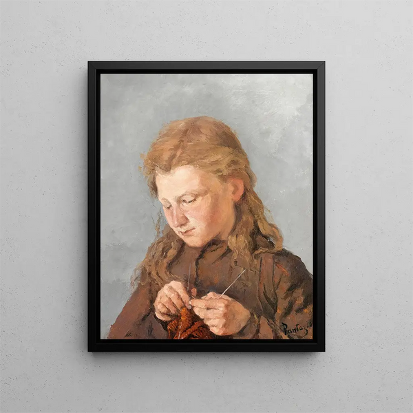 Young girl knitting - Pericles Pantazis — framed artwork on a wall