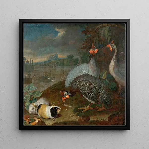 Perlhühner with guinea pigs - Philipp Ferdinand de Hamilton — framed artwork on a wall