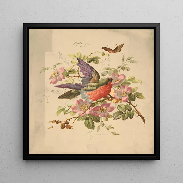 Scarlet and green parrot and wild roses - Louis Prang — framed artwork on a wall