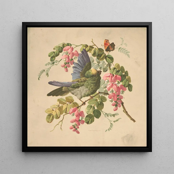Parrot green and acacia - Louis Prang Co — framed artwork on a wall