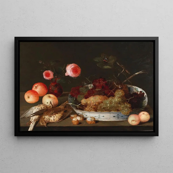 a still life with fruits and flowers with birds - Peter Binoit — framed artwork on a wall