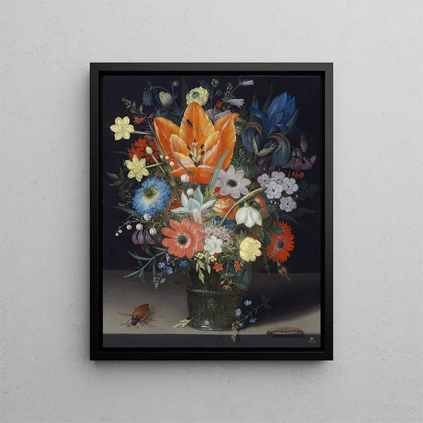 Still life with irises - Peter Binoit — framed artwork on a wall