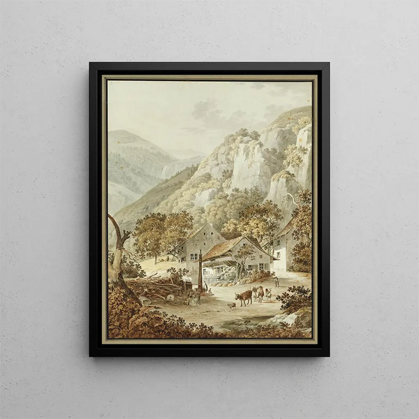 Village scene painting in the Basel Jura - Peter Birmann — framed artwork on a wall