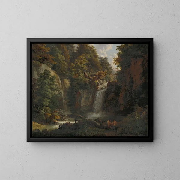 Le Giessen près de Zeglingen avec deux satyres jouant de la flûte de Pan - Peter Birmann — framed artwork on a wall