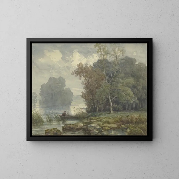 Hunter in a boat at the edge of a forest - Peter Burnitz — framed artwork on a wall