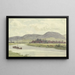 Village by a river with mountains in the background - Peter Burnitz — framed artwork on a wall
