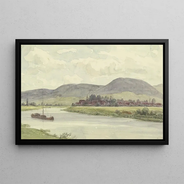 Village by a river with mountains in the background - Peter Burnitz — framed artwork on a wall