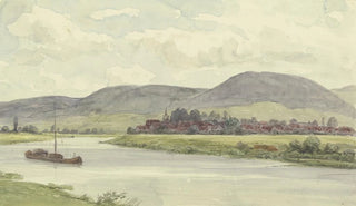 Village by a river with mountains in the background - Peter Burnitz — artwork view