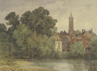 Pond behind houses in a village with a bell tower - Peter Burnitz — artwork view