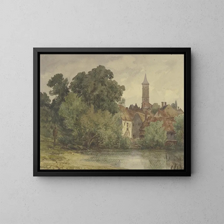 Pond behind houses in a village with a bell tower - Peter Burnitz — framed artwork on a wall